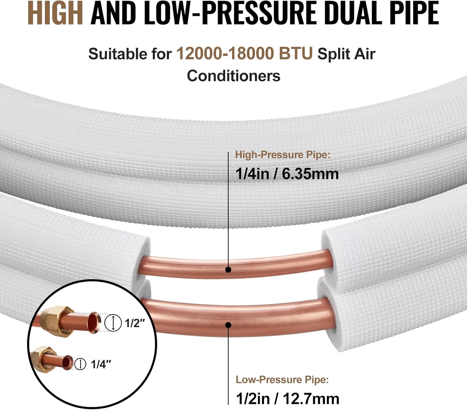 1/4" & 1/2" O.D Copper Pipes Tubing and Triple-Layer Insulation, for Mini Split Air Co