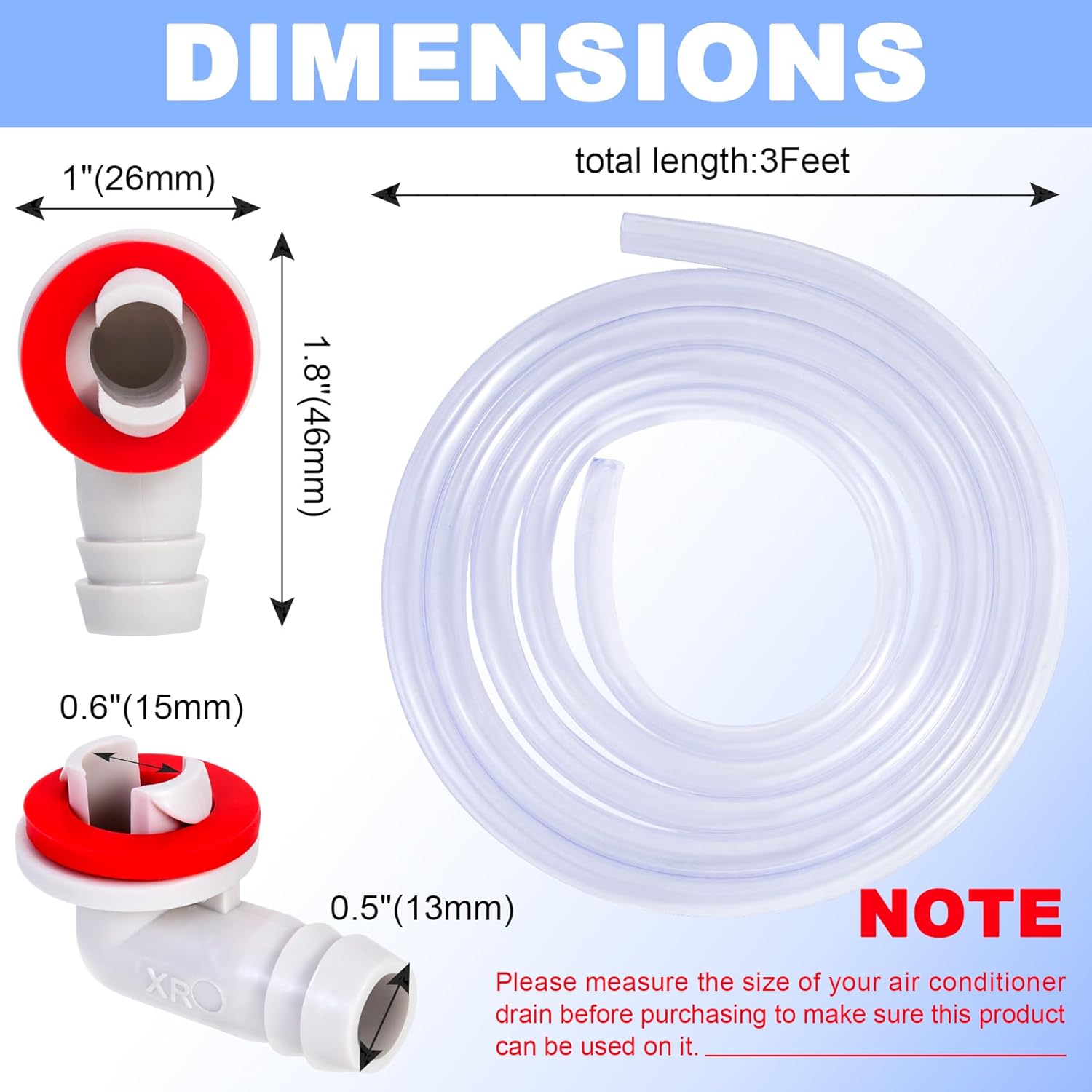 3 Feet Air Conditioner Drain Hose, 3/5 '' Portable AC Drain Hose Connector,2.0MM Thick,Not Easily De